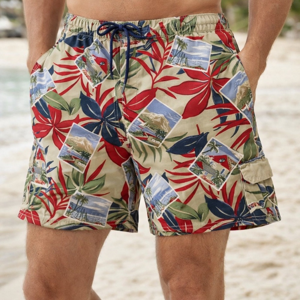 Nautica Men’s L Tropical Print Swim Trunks Shorts Pockets Drawstring Waist